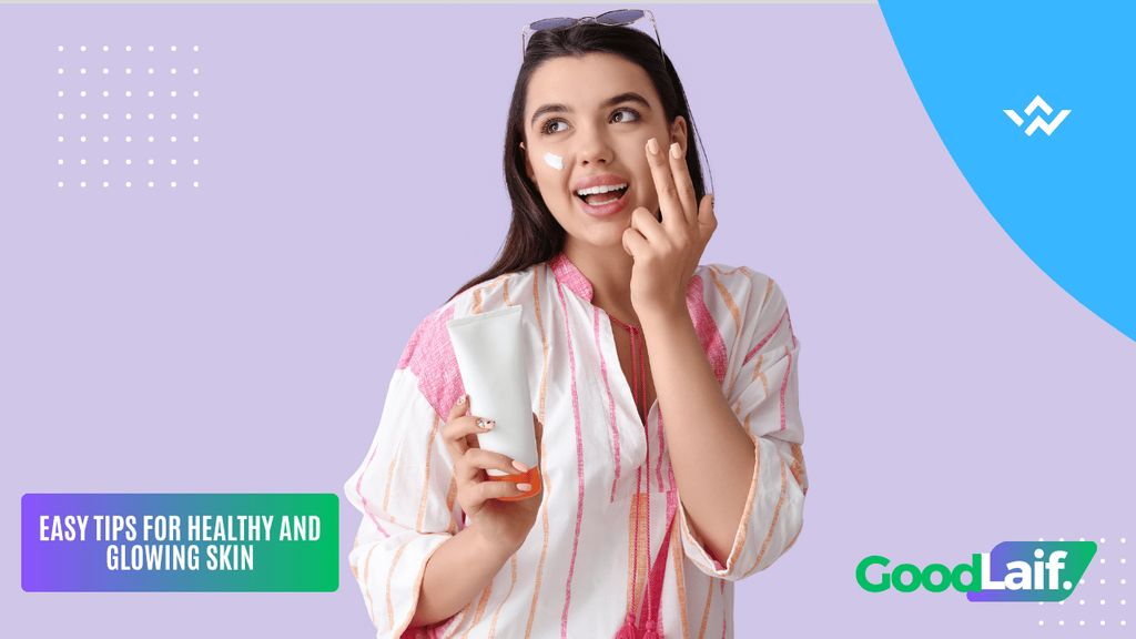 Illustration of tips for healthy and glowing skin: woman applying skincare to her face