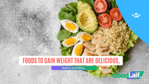 Plate with quinoa, avocado, boiled eggs, tomatoes and green vegetables as examples of foods to gain weight that are delicious and filling