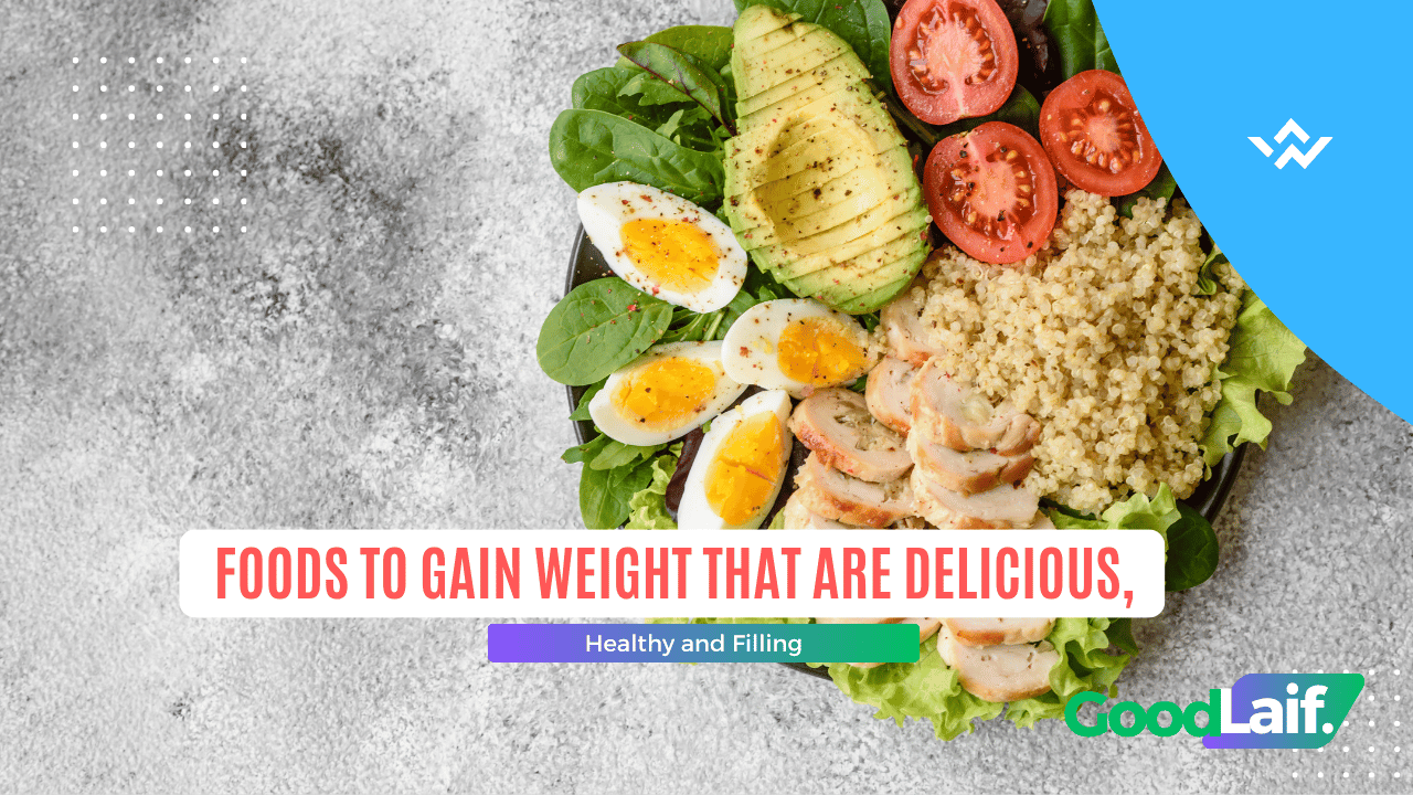 Plate with quinoa, avocado, boiled eggs, tomatoes and green vegetables as examples of foods to gain weight that are delicious and filling