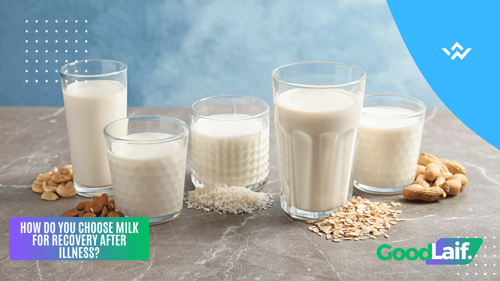 Several glasses of milk with nuts and oats as options for milk for recovery after illness