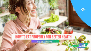 A woman eating a vegetable salad mindfully as an example of How to Eat Properly to stay healthy and avoid getting hungry quickly