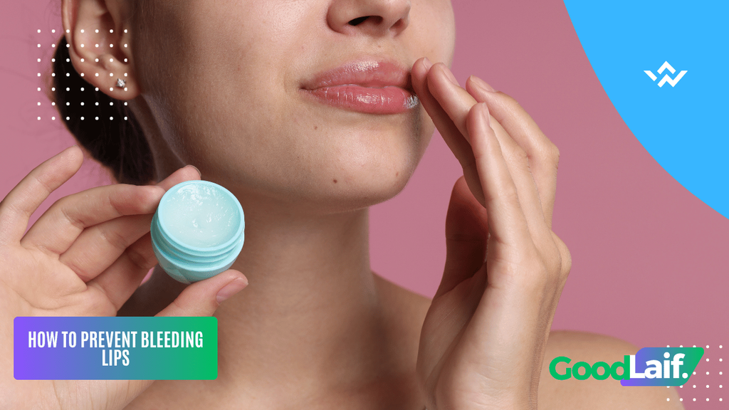 Close up of a woman applying lip balm to her lips to prevent bleeding lips and keep them moisturized
