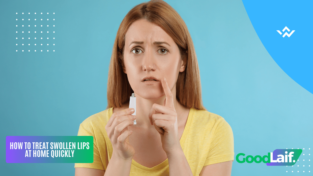 Woman pointing at her lips while looking for how to treat swollen lips at home