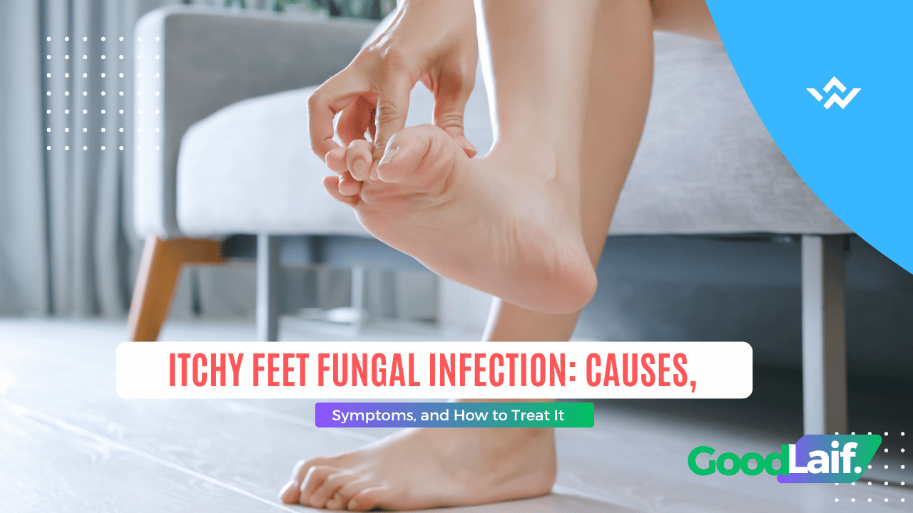 Person checking itchy skin between toes as a sign of itchy feet fungal infection