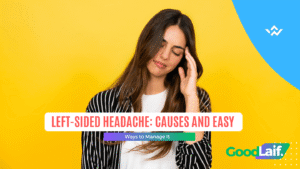 Woman holding her temple because of left-sided headache