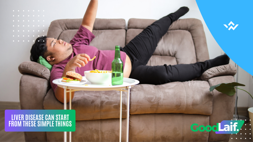 Illustration of a man lying on a sofa with alcohol on the table, an example of habits that can lead to Liver Disease