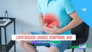 Illustration of a man holding his stomach in pain with the liver area highlighted in red as a symptom of Liver Disease