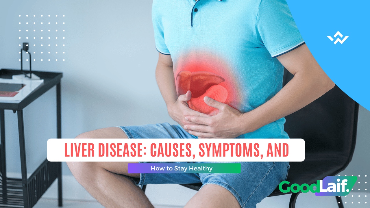 Illustration of a man holding his stomach in pain with the liver area highlighted in red as a symptom of Liver Disease