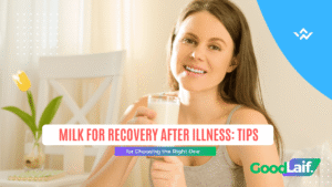 Smiling woman drinking a glass of milk for recovery after illness