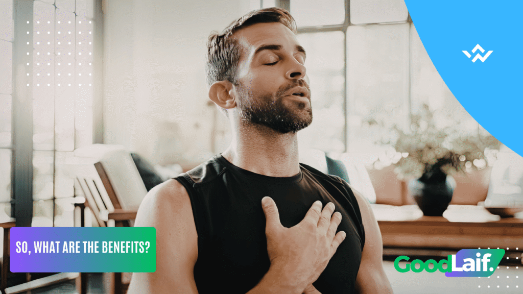 A man with closed eyes placing his hand on his chest while practicing belly breathing for relaxation