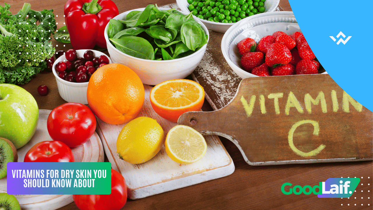 Foods rich in Vitamins for Dry Skin like oranges, spinach, tomatoes, and nuts