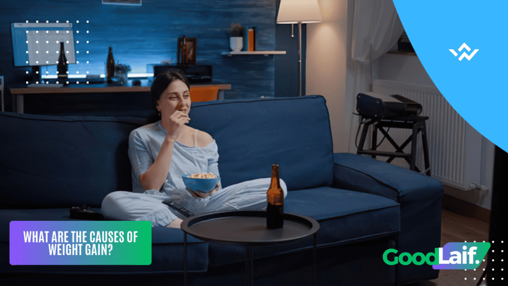 Illustration of Causes of Weight Gain from snacking while lounging on the sofa