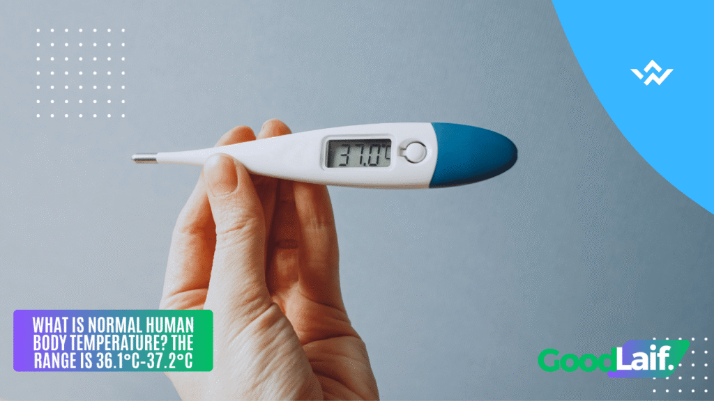 digital thermometer showing normal human body temperature range 36.1°C to 37.2°C