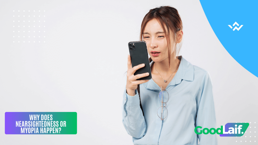 Woman looking at phone screen while squinting, example of a habit that causes nearsightedness