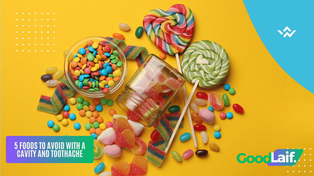 Illustration of colorful candies, lollipops, and jelly beans which are examples of foods to avoid with a cavity and toothache