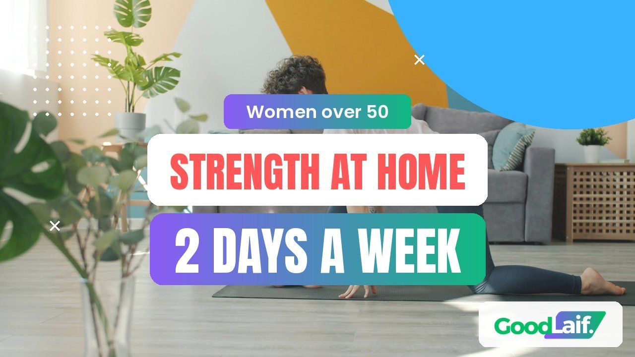 Woman stretching on a mat in a bright living room, home workout for women over 50