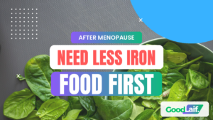 Spinach leaves in a bowl, one of the iron rich foods for women over 50, with the text need less iron after menopause