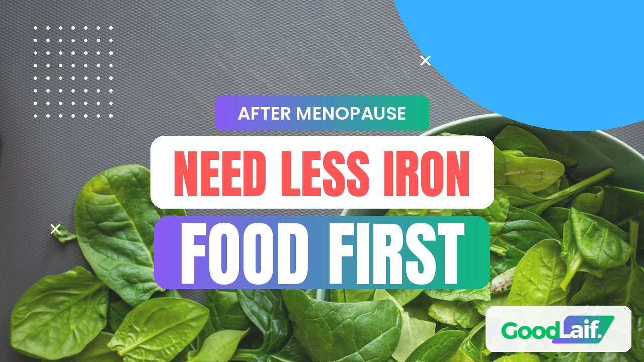 Spinach leaves in a bowl, one of the iron rich foods for women over 50, with the text need less iron after menopause